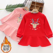 Girl gush clothing thickened clothing Dress Children Foreign Air Little Deer Christmas Dress Winter New Warm Medium And Small Children Clothing