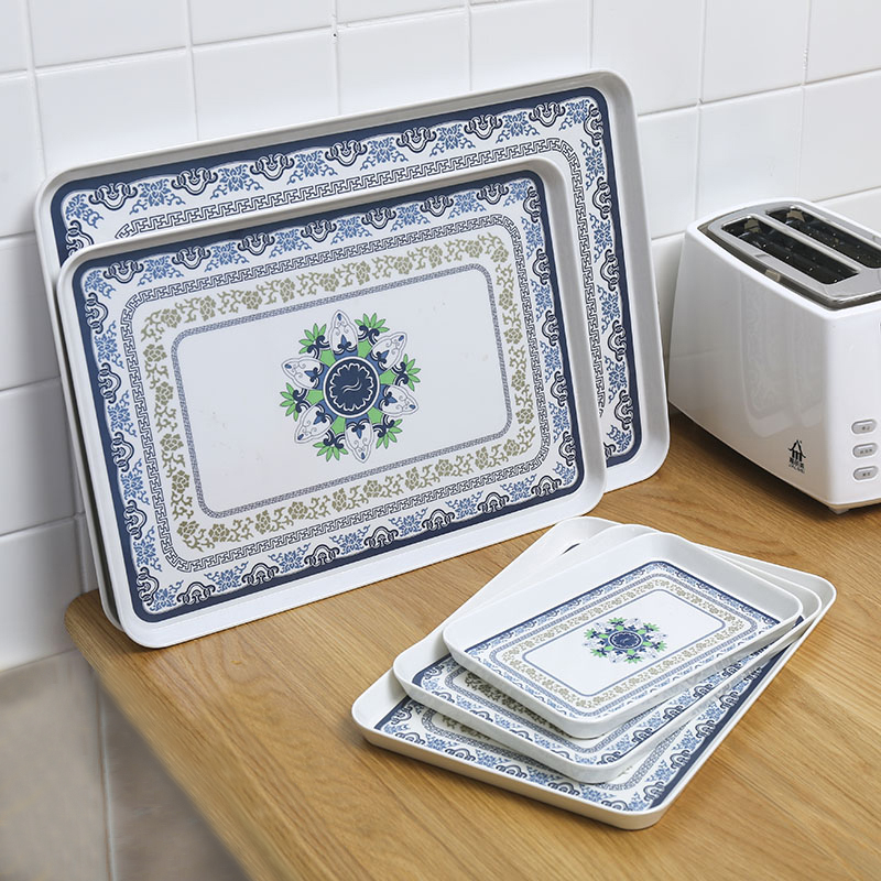 Creative household tea plate Plastic plate Tableware plate Melamine flat plate Fruit plate Imitation porcelain rectangular blue and white porcelain tray