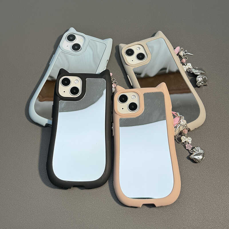 3D Cat Ear 14 Mirror Case Suitable for Apple 16 Pro Max Phone Case iPhone 16 Plus Protective Cover 15 Pendant 12 Unisex Full Protection Anti-Drop 13 Girl 17 Cat Protective Case