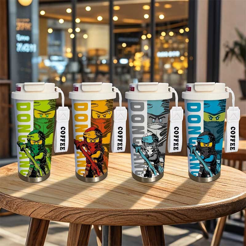 Ninjago-Themed Insulated Water Bottle with Straw, Stainless Steel, Portable Dual-Use Coffee Cup for Students, Men's Style