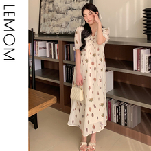 LEMOM Pregnant Women's Summer Dress Elegant Long Large Size Slimming Summer Dress Fragmented Flower Breastfeeding Chiffon Skirt