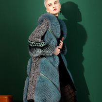 U N Q modern girl retro blue fox fur grass coat horseshoe sleeve medium long fur coat female