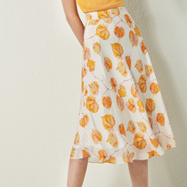 U N Q Elegant fresh leaf print pure mulberry silk high-waisted A-line skirt Thin elegant silk skirt for women