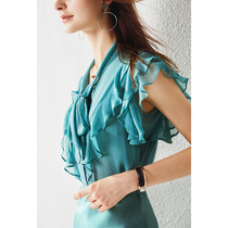 U N Q French fresh double mulberry silk Solid color Romantic ruffle Georgette silk shirt top for women