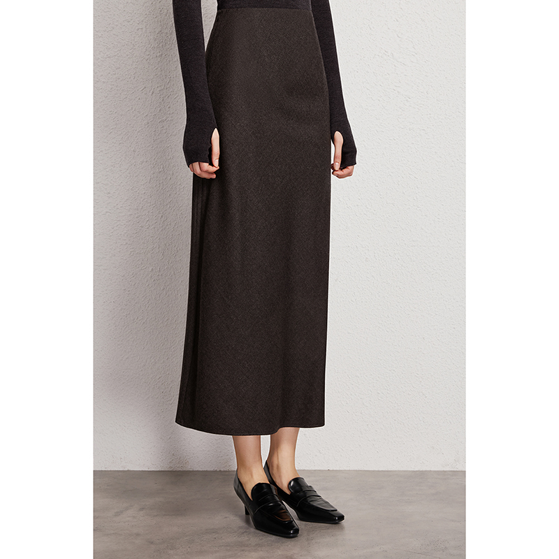 U.N.Q Minimalist and Luxurious Italian Imported Fine Wool Flannel Bias-Cut A-Line Midi Skirt