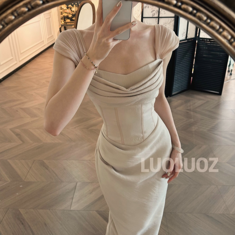 Luoluoz【Summer Enchantment】Pure Desire Style Spaghetti Strap Ruched Slim Fit Elegant Long Dress Jf1476