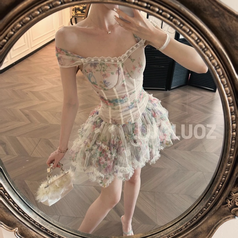 Luoluoz【Cherry Blossom Milk Jelly】One-Shoulder Design Waist-Cinching Top + Skirt-Pants Two-Piece Set Jf1465