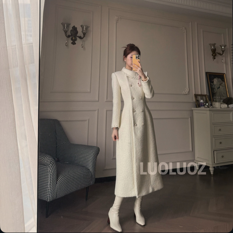 Luoluoz【Barn Winter Collection】Sheep Wool Stunningly Beautiful and Warm Autumn and Winter Waist-Cinching Long Coat Jacket Cc307