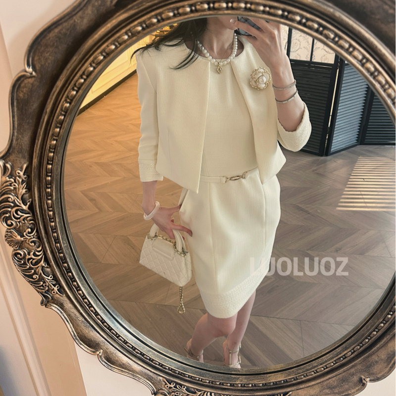 Luoluoz【Sicilian Leaves】Elegant Sleeveless Light Luxury Mid-Length Skirt + Short Jacket Two-Piece Set Cc229 Luoluoz【Sicilian Leaves】Elegant Sleeveless Light Luxury Mid-Length Skirt + Short Jacket Two-Piece Set Cc229