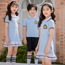 幼儿园园服夏季纯棉短袖套装小学生校服天蓝色一二年级班服表演出