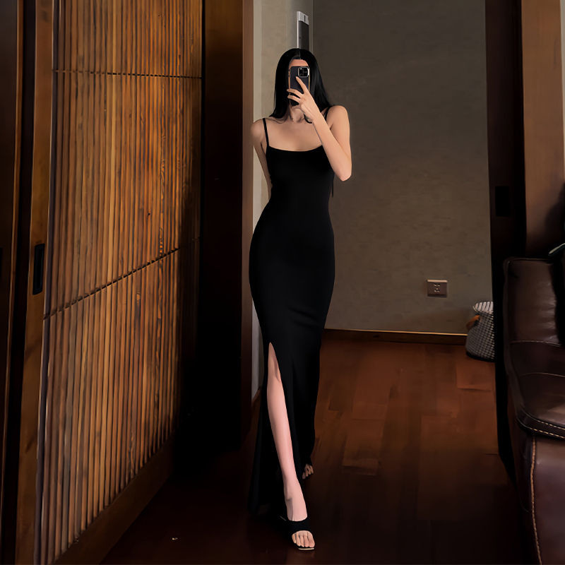 Summer New Black Suspender Long Fishtail Skirt Women's Side Slit Maxi Dress Niche Light Luxury Design Long Skirt