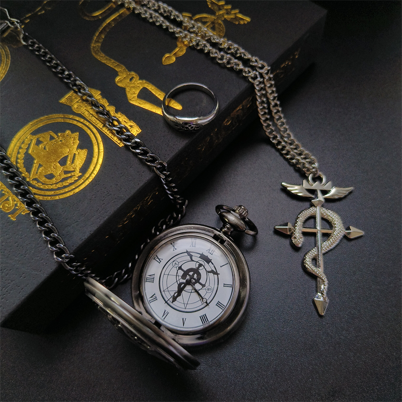In-Stock Fullmetal Alchemist Alchemy Symbol Silver Pocket Watch Edward Snake-Shaped Cross Necklace Ring Merchandise Gifts