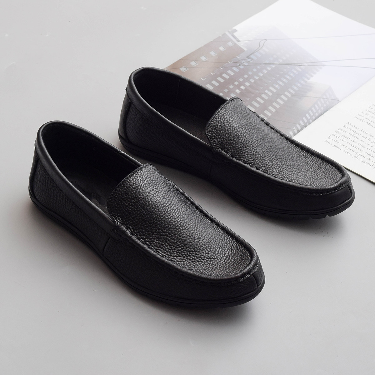 Word of mouth the king of comfort leather Litchi grain cowhide pedal men's leather shoes black men's shoes casual special