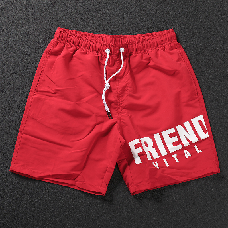 Summer Men's Casual Shorts with Large Lettering in Black and Red, Loose Fit, Summer Sports Shorts, Trendy and Comfortable