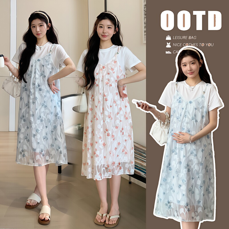 Beautiful Maternity Dress with a Fresh and Elegant Vibe, High-End Feel, Suitable for Late Pregnancy, Covers the Belly, Faux Two-Piece Style, Trendy