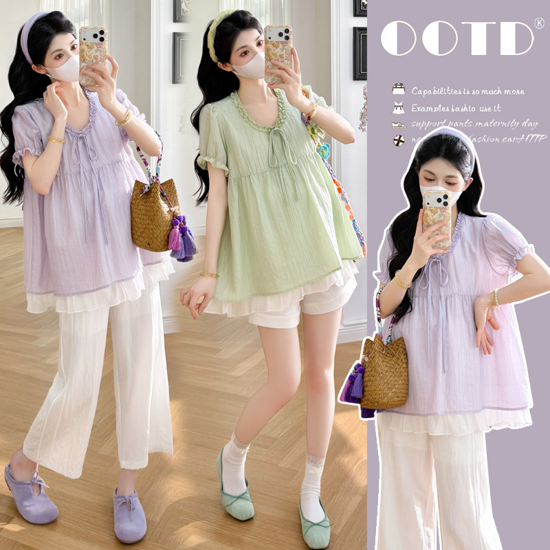 Maternity Short-Sleeve Ruffle-Trim Shirt, Fashionable Late Pregnancy Faux Two-Piece Babydoll Top, Versatile Summer Wear