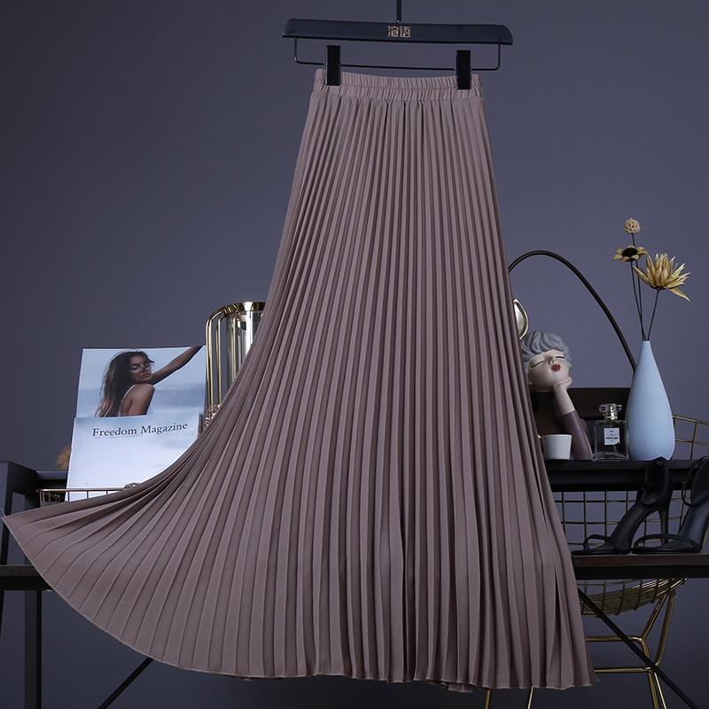 Summer High-Waisted Elastic Drape Slimming Chiffon Pleated Skirt Vacation Long Skirt Summer Mid-Length Skirt A-Line
