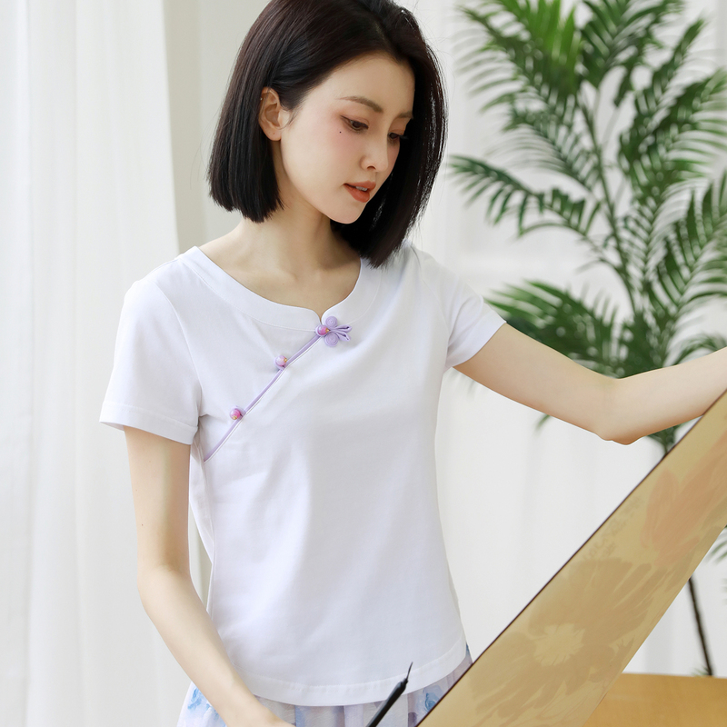 Ice Silk Cotton T-Shirt for Women, Summer Round Neck, Button-Up Short-Sleeve Base Shirt, New Chinese Style Women's Tea Clothing, Pure Cotton Short Top