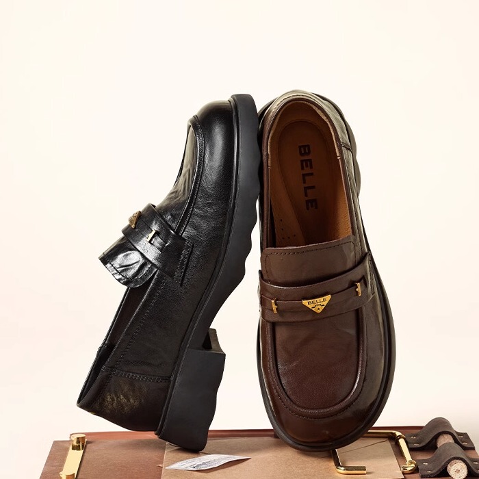 Belle Yuanbao Loafers for Women 26 New Vintage British Style Sheepskin Black Leather Shoes Deep Mouth Single Shoes E9L1Da