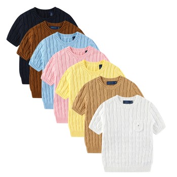 Rl001 women's short sleeve sweater thin pocketed sweater pure cotton