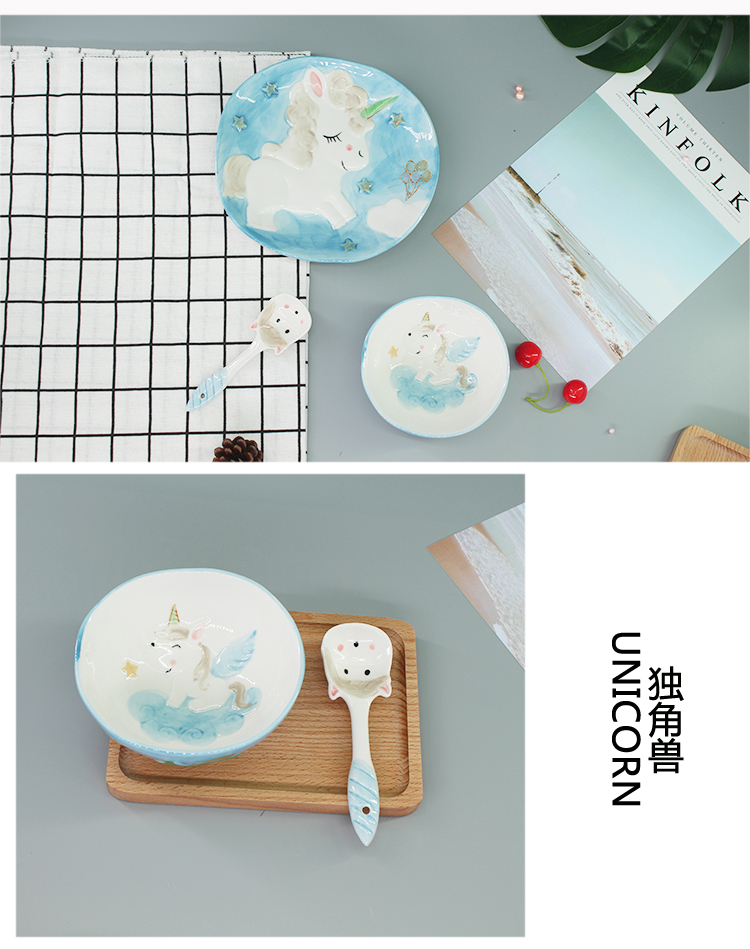 Mới bát cơm con nít đặt bé dễ thương ăn bát sứ với bát đĩa kỳ lân nha khay gỗ đựng đồ ăn
