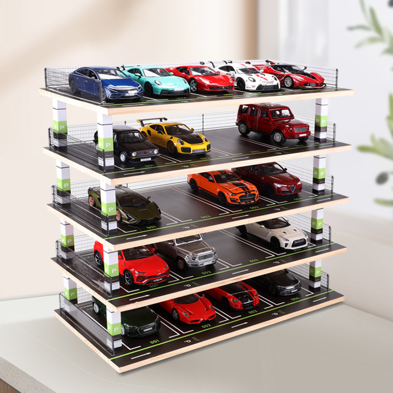 1:24 Scale Realistic Parking Garage Scene Model, Solid Wood Car Model Display Stand, Large Capacity Car Storage Box Ornament