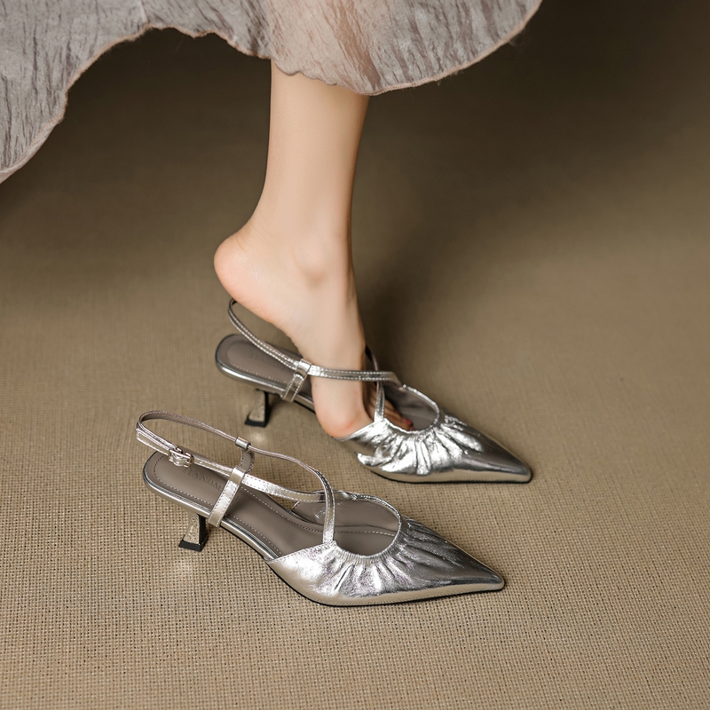 Super Comfortable~ Genuine Leather French-Style Silver Pointed Toe Stiletto Heeled Mules with Pleated Design for Women, New Summer Model with Cross Straps and High Heels