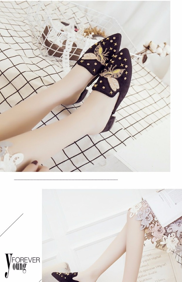 Giày nửa kín nữ 2018 xuân hè mới phiên bản Hàn Quốc của mũi nhọn thêu rhinestone thô với dép Baotou dày với dép cao gót dép lv chính hãng