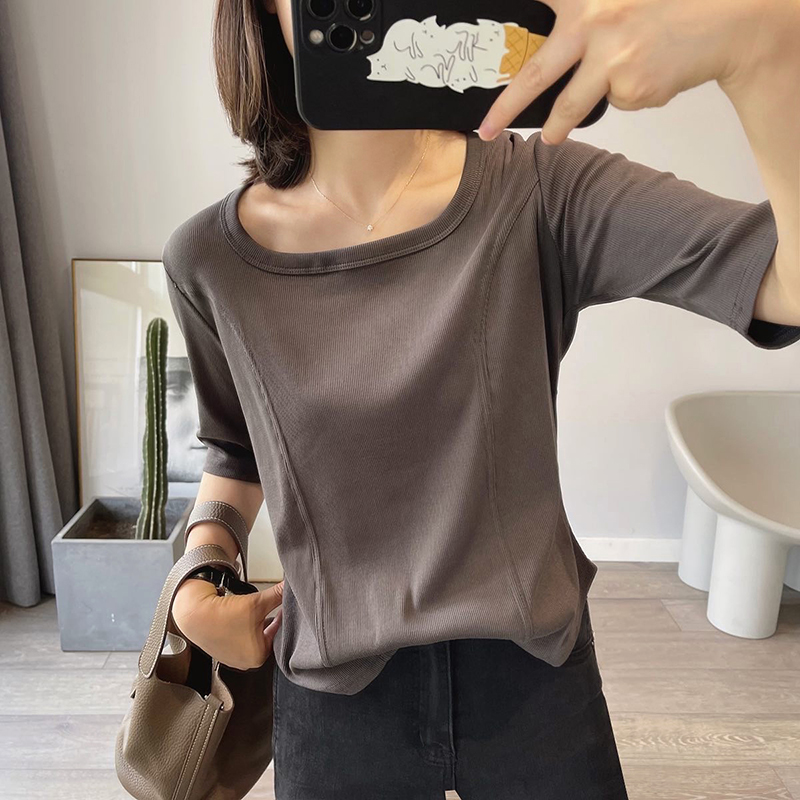 Stitching threaded cotton square collar curved hem short five-point sleeve T-shirt women's solid color simple exposed collarbone bottoming shirt autumn