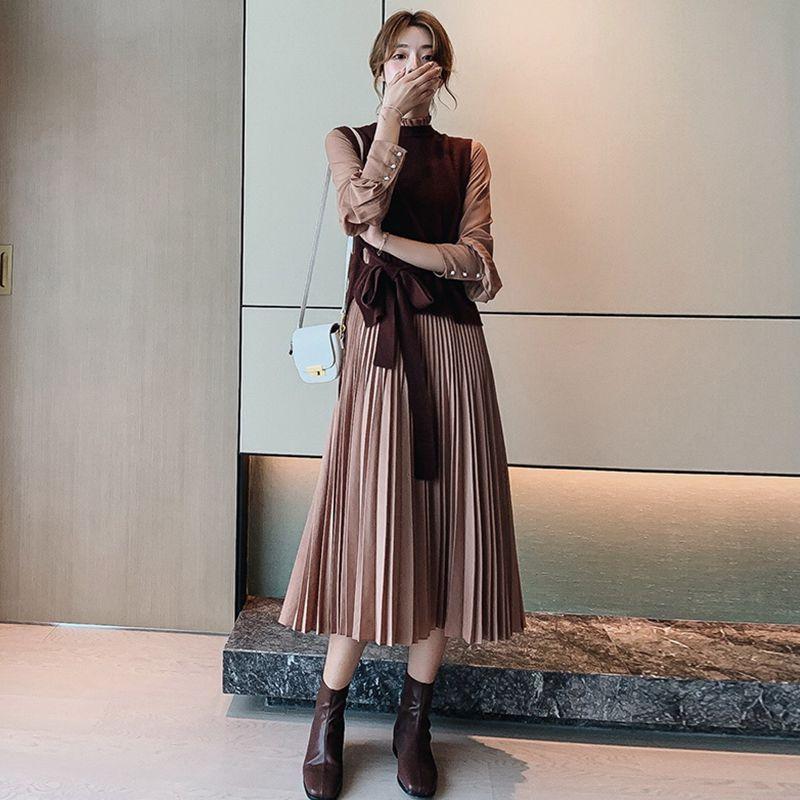 Lecea Alice's Infinite Possibilities of Beautiful Skirts ~ Knock Beauty Long-sleeved dress pleated skirt two-piece set