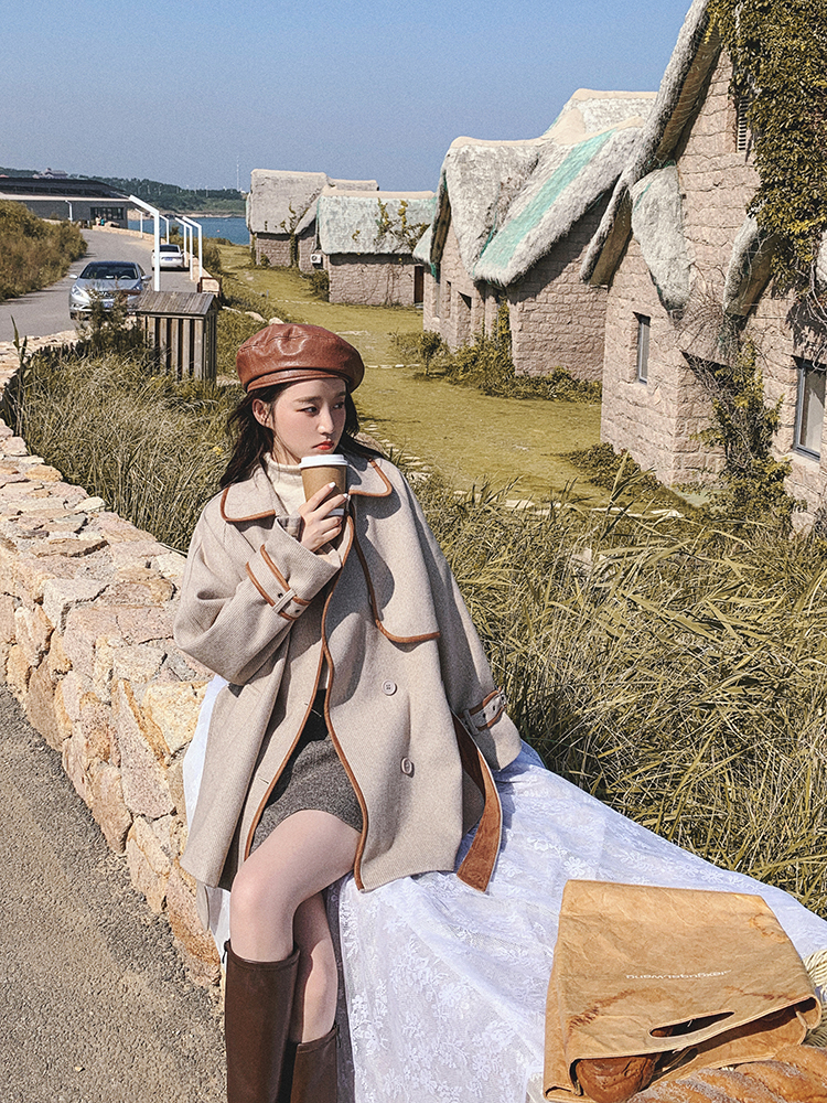 Lecea Alice woolen coat women's 2022 winter new retro contrast color loose temperament woolen coat