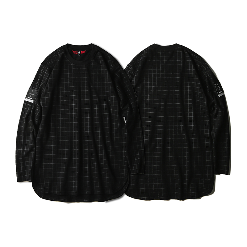 ROARINGWILD 17AW COTTON LONG SLEEVE 黑色竹节肌理网格印花长袖