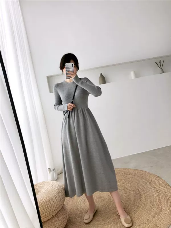 Mùa thu và mùa đông áo len gió nhẹ của phụ nữ dài đến đầu gối lỏng lẻo Phiên bản Hàn Quốc 19 Váy dệt kim trùm đầu A-line mới - Vòng cổ áo len