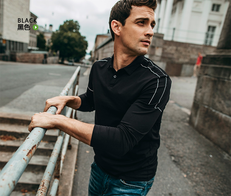Áo sơ mi nam dài tay của Kuegou Áo thun mùa thu thời trang Lapel Áo thun mỏng thường store t shirt