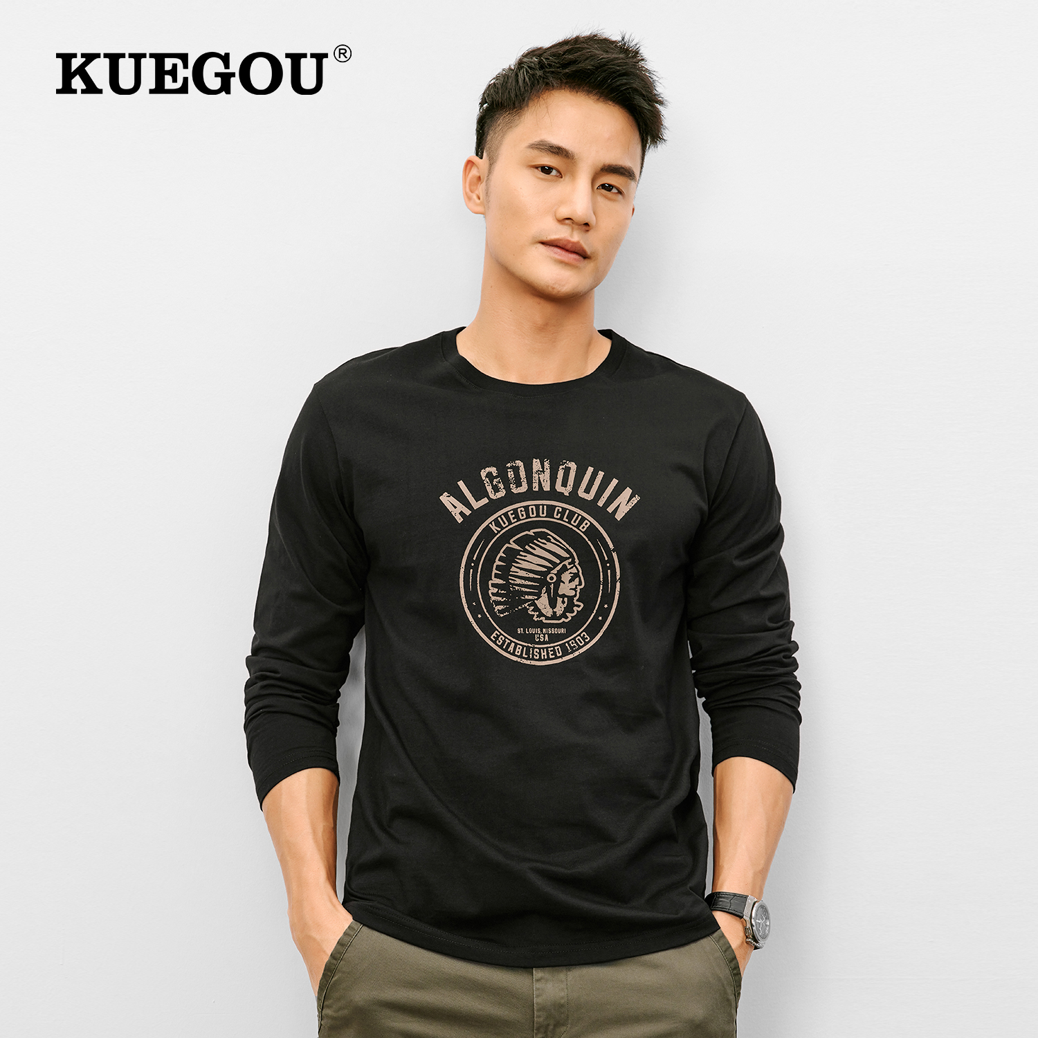 Cool clothes for men long sleeves T-shirt men's trends clothes men's clothing body round collar pure cotton Korean version blouses spring 7750