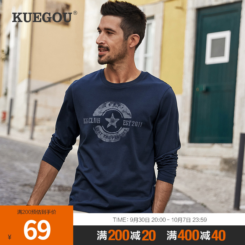 Kuegou Men's Long Sleeve T-Shirt Men's Autumn Trend Casual Print Top Cotton Round Neck T-Shirt 88095