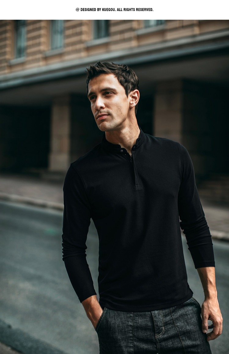 Kuegou Áo thun nam dài tay mùa thu Thời trang đứng Cổ áo Slim Áo thun nam xu hướng Áo sơ mi nam 280 active shirt