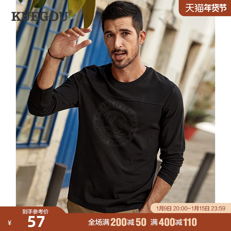 Kuegou men long sleeve T-shirt men autumn trend casual print cotton round neck T-shirt top 88006