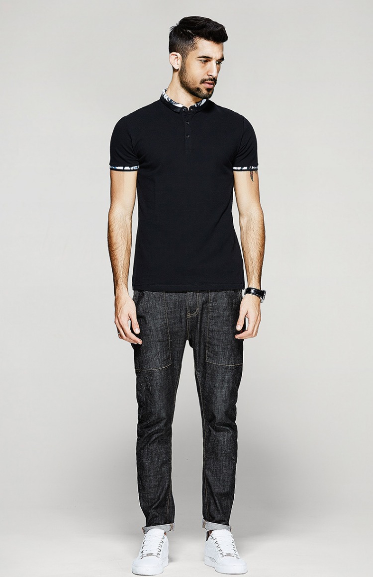 [] Kuegou new men áo ngắn tay nam nam Slim đơn giản màu tương phản ve áo nhỏ 1545 áo polo sói