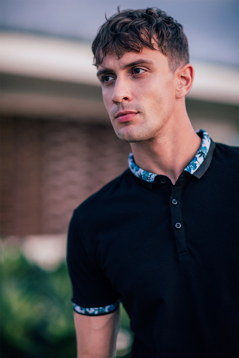 [] Kuegou new men áo ngắn tay nam nam Slim đơn giản màu tương phản ve áo nhỏ 1545 áo polo sói