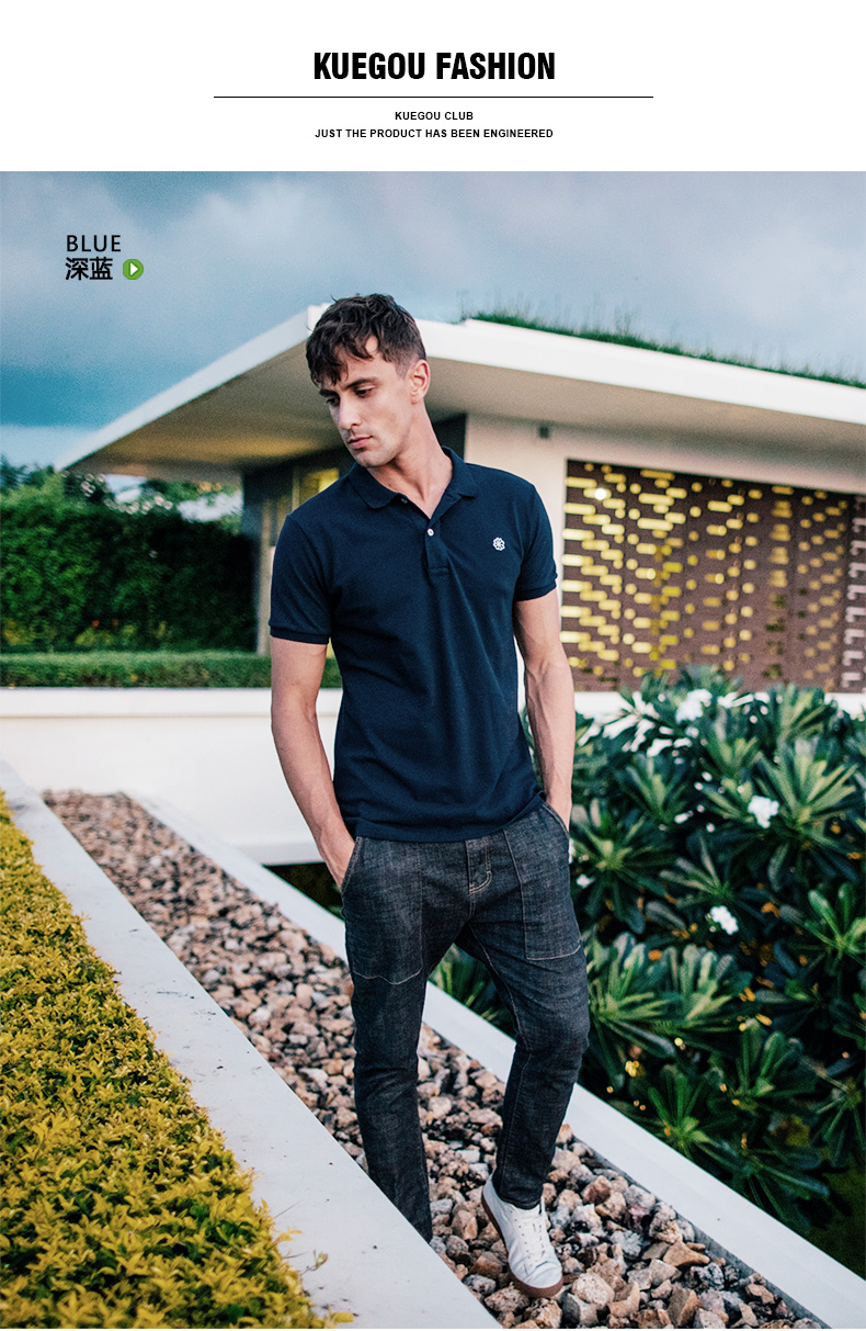 [] Kuegou mùa hè nam tay ngắn Polo áo thời trang thêu cổ áo ve áo thun cotton nam 2527 áo kẻ nam