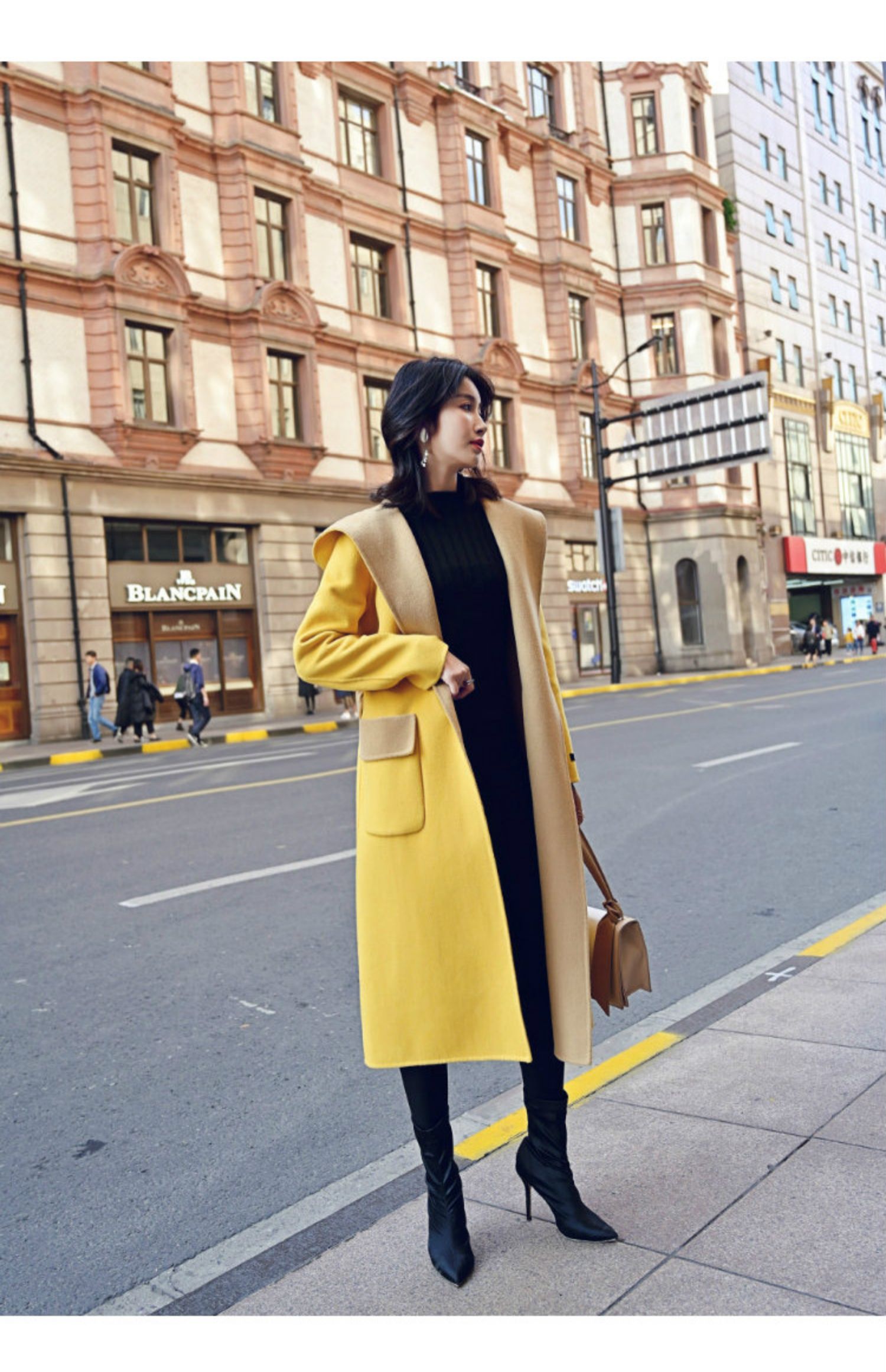 Mùa xuân 2019 và áo khoác cashmere hai mặt mới, áo khoác len len màu vàng trong chiếc mũ trùm đầu dài Slim Hepburn - Accentuated eo áo mẫu áo dạ đẹp