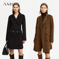 ເສື້ອຢືດຜ້າຂົນສັດ Amii minimalist suit for women 2024 winter new style mid-length coat full wool with belt double-sided