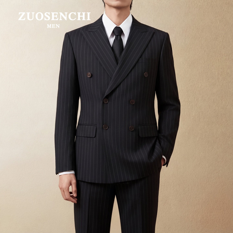 High-End Retro Double-Breasted Striped Suit Set for Men, Business Slim-Fit Formal Wear, Trendy Groom Wedding Suit High-End Retro Double-Breasted Striped Suit Set for Men, Business Slim-Fit Formal Wear, Trendy Groom Wedding Suit
