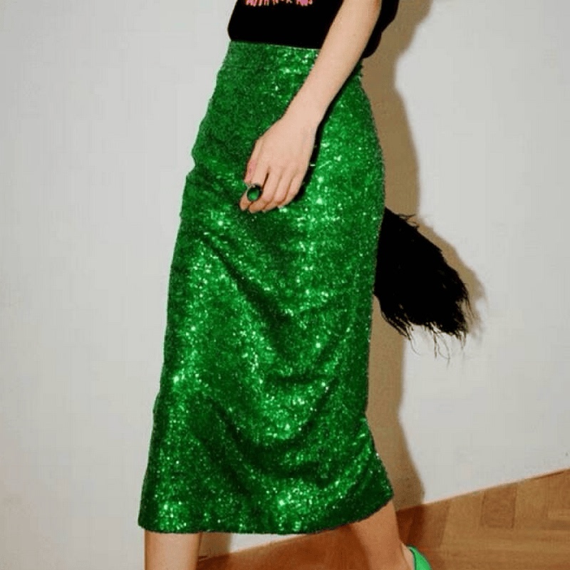 Trendy Luxury Mid-Length Stretch Moss Sequin Slim-Fit Skirt Sequin Skirt Commuter A-Line Pleated Skirt Half Skirt
