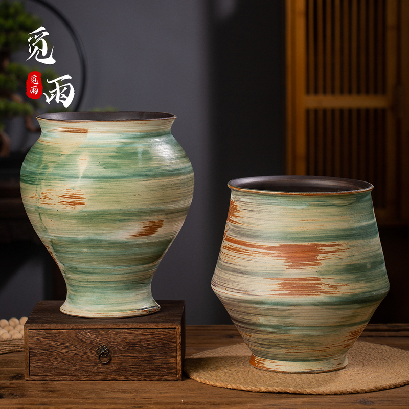 Jingdezhen Ceramic Vase, Vintage Wabi-Sabi Handmade Pottery Jar, Ocean Love Dried Flower Arrangement, Rough Pottery Flower Pot