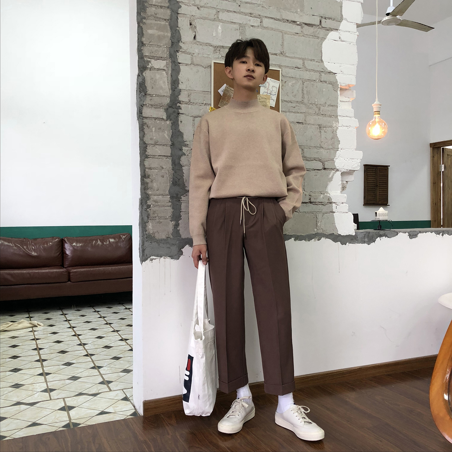 Xiaoming bene quần có dây rút Retro đơn giản màu rắn quần lỏng lẻo chín quần thẳng quần nam quần âu
