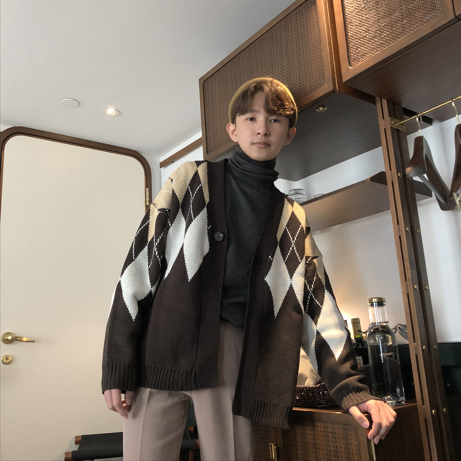 XMBENE thu đông mới sang trọng phong cách Hàn Quốc đơn giản lưới retro đơn giản Áo len gió nam áo len nam quần áo thể thao