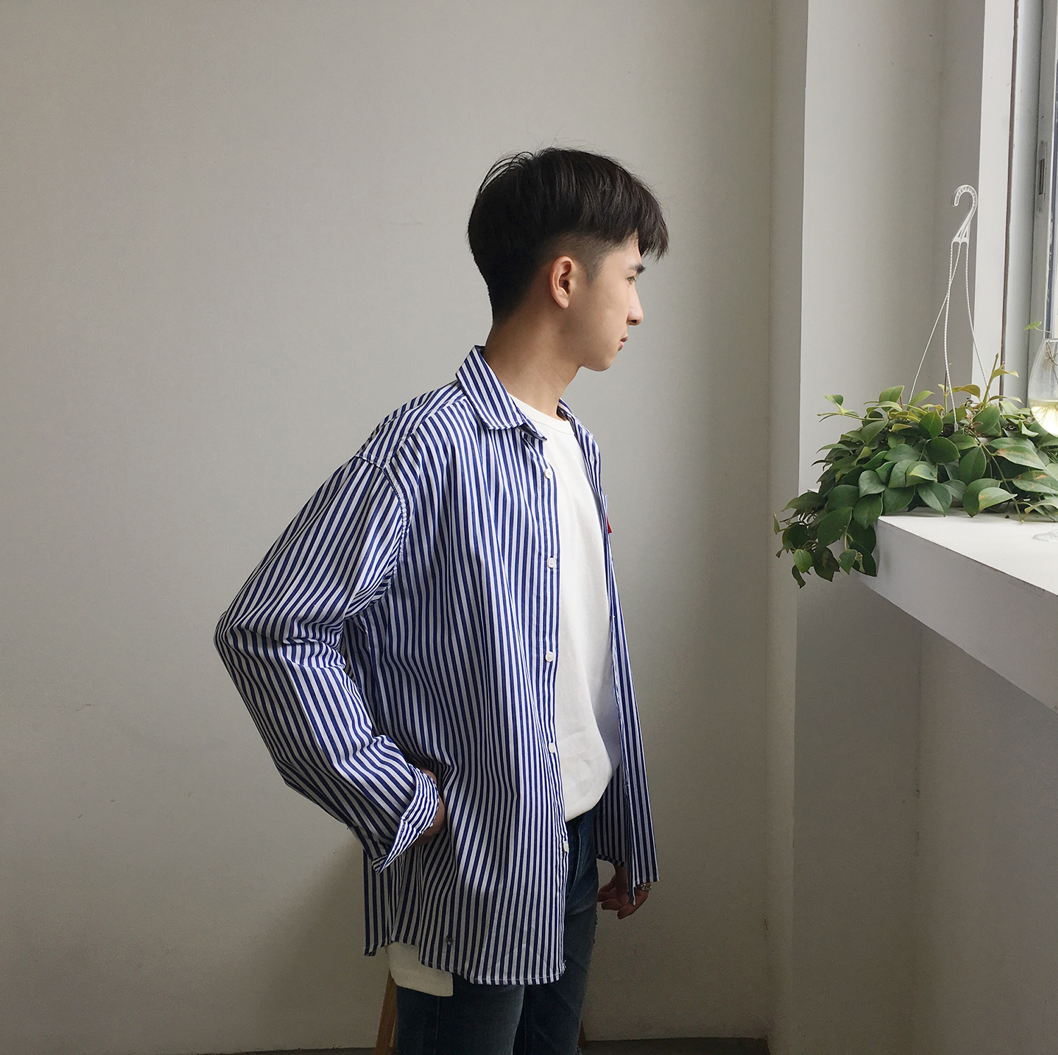 小明bene 秋季新款 基础条纹撞色 宽松韩版休闲长袖衬衫衬衣男女