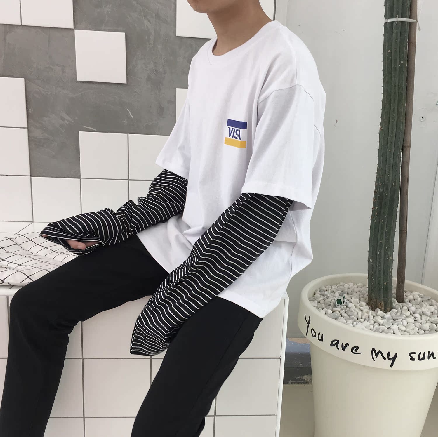 小明bene 17秋季新款韩版学生圆领宽松休闲假两件套头长袖T恤男